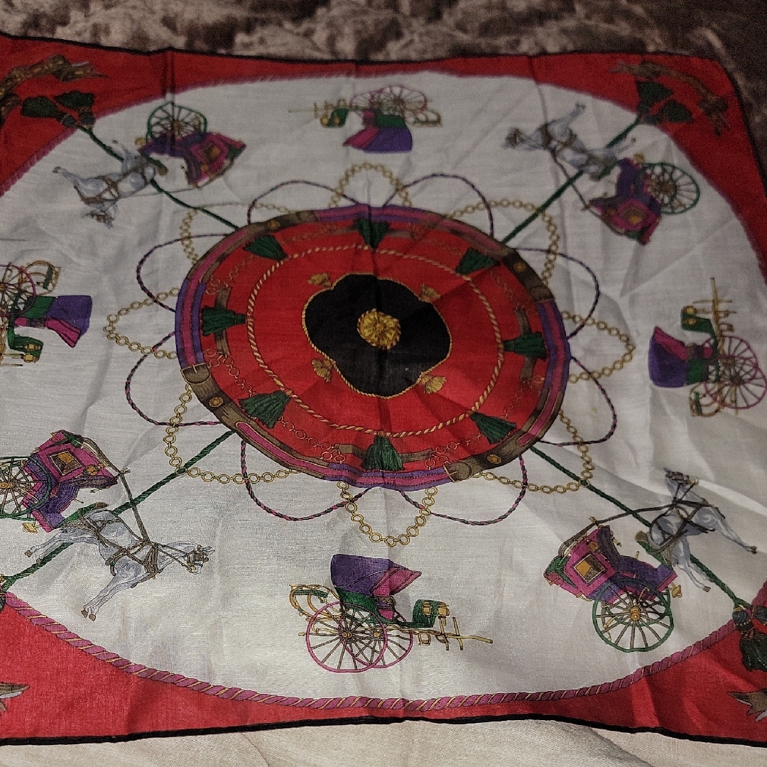 Vintage Red And White Scarf With Carriage Design